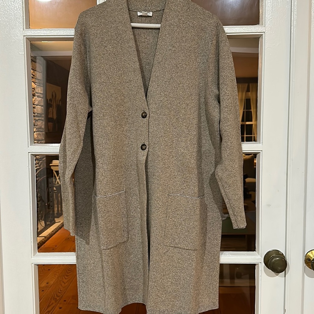 J.Jill long cotton cardigan in speckled khaki and black